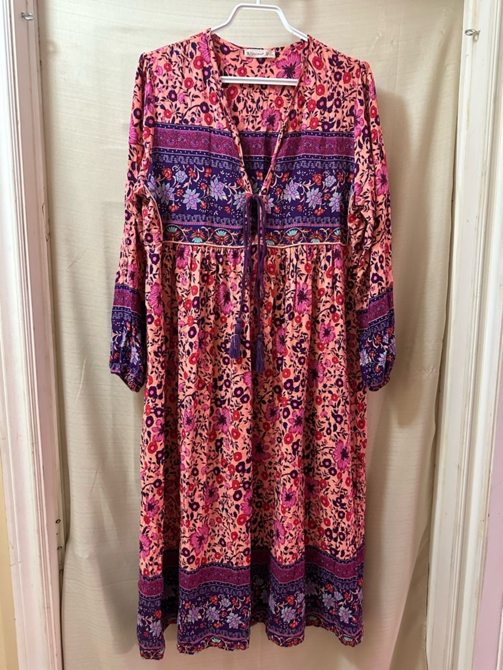 R.Vivimos BOGO Boho Floral Maxi Dress Long Sleeve Tassel Tie Size L 12/14 ⚫️